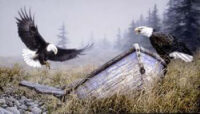 Two bald eagles, by an old wooden boat.