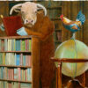 A bull and rooster in a library