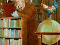 A bull and rooster in a library