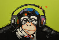 Original artwork of a monkey listening to music.