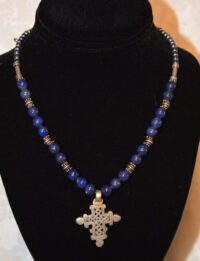 Lapis necklace with Ethiopian cross for sale.