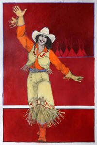 A cowgirl on a red background, waving 'hi' and smiling.