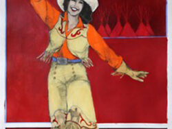A cowgirl on a red background, waving 'hi' and smiling.