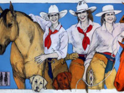 Three cowgirls, two dogs and one horse, all posing for a photo opt.