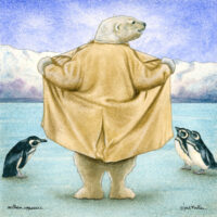 A polar bear exposing himself to some penguins.