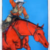 A canvas print of a cowgirl on her horse jumping over a gate.