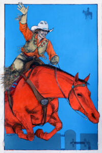 A canvas print of a cowgirl on her horse jumping over a gate.