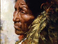Portrait of a Native American with feathers