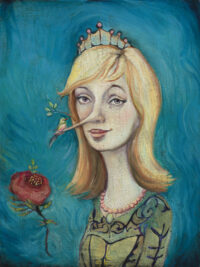 A young lady, wearing a crown has a nose like Pinocchio's.