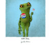 A frog standing tall afdter voting. He hold's an American flag. He proudly wears a "I Voted" button.