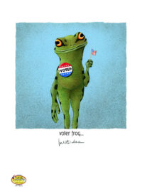 A frog standing tall afdter voting. He hold's an American flag. He proudly wears a "I Voted" button.