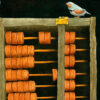 This is an image of a Finch sitting on top of an abacus.