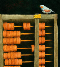 This is an image of a Finch sitting on top of an abacus.