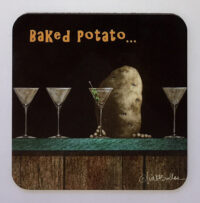 A coaster with a potato drinking a martini on it, at the Chive Bar