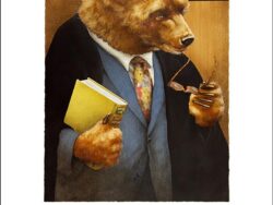 A bear posing as a lawyer and wearing a powdered wig.