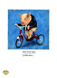 A pig riding a tricycle and wearing a leather jacket.