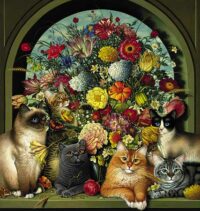 paper print with a variety of cats in front of a bouquet of flowers