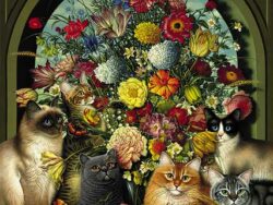 paper print with a variety of cats in front of a bouquet of flowers