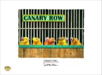 A row of canaries drinking behind bars.