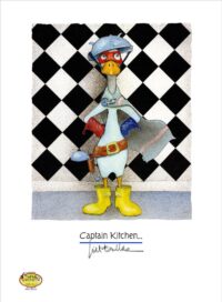 A duck standing in from of a clack and white checkered wall, wearing a cape, tool belts with cooking utensils, and a colander on his head.
