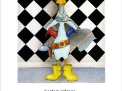 A duck standing in from of a clack and white checkered wall, wearing a cape, tool belts with cooking utensils, and a colander on his head.