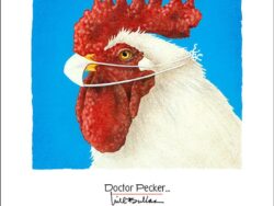 A rooster wearing a surgical mask.