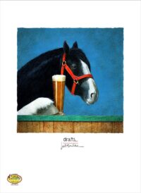 A draft horse at a bar drinking a draft beer.