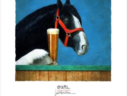 A draft horse at a bar drinking a draft beer.