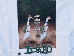 T-shirt of two ducks backpacking in Idaho for sale.