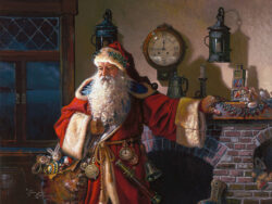 An old fashion Santa, standing by the fireplace.
