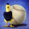 A baby chicken wearing an umpire's uniform, standing in front of a baseball.