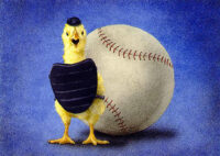 A baby chicken wearing an umpire's uniform, standing in front of a baseball.