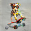 Original canvas of dog riding a skateboard for sale.