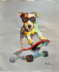 Original canvas of dog riding a skateboard for sale.