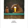A bear sitting at a pub drinking a honey wheat ale.