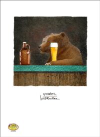 A bear sitting at a pub drinking a honey wheat ale.