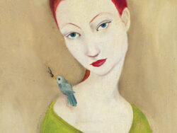 An image of a redhead with a bird on her shoulder.