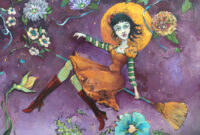 A witch riding a broom wearing an orange dress, in a purple sky.