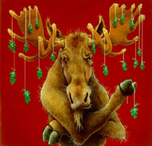 A moose with mistletoe hanging from his antlers.