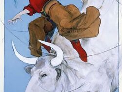 A cowgirl riding and white bull.