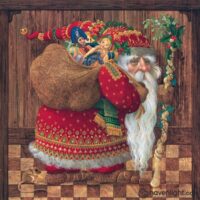 Vintage style Santa with a large sack of toys on his back.