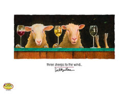 Three sheep drinking wine at a bar, one has fallen over.
