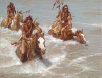 Three Crow Indians are crossing the Yellowstone river on horseback.