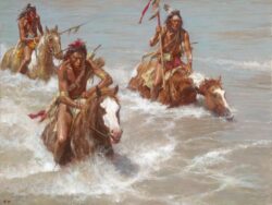 Three Crow Indians are crossing the Yellowstone river on horseback.