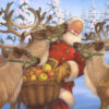 Santa and his reindeer enjoying a treat of apples.
