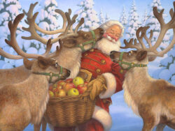Santa and his reindeer enjoying a treat of apples.