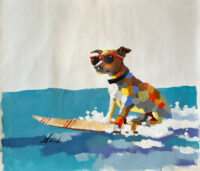 Original artwork of a dog surfing for sale.